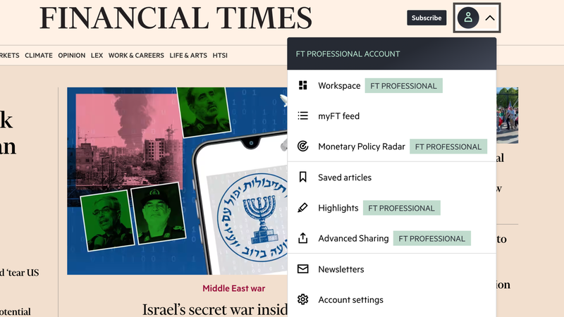 FT Professional dropdown menu